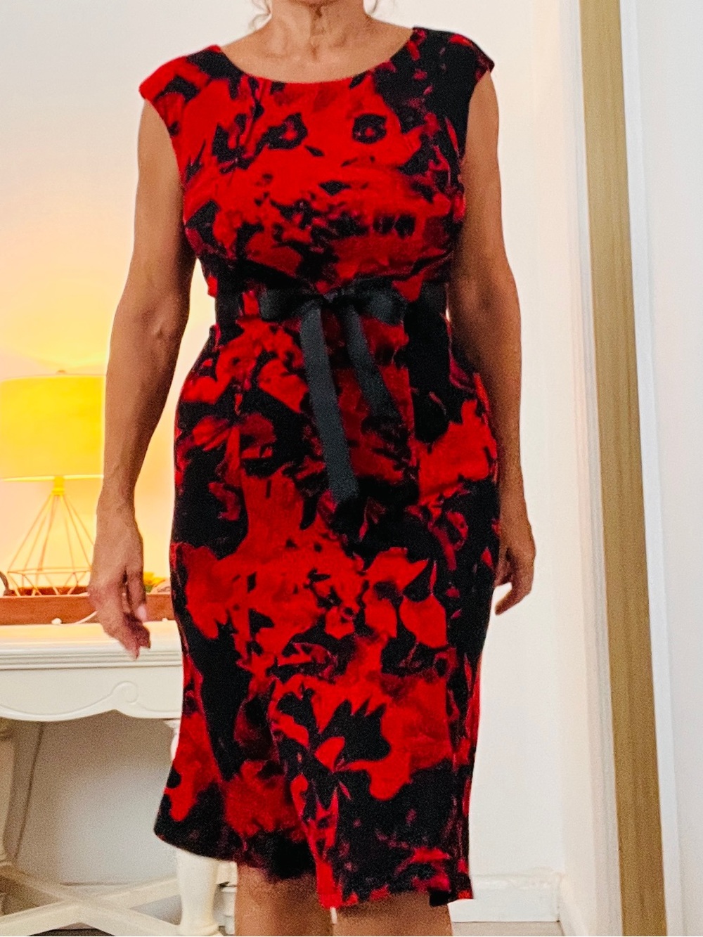 connected apparel Red and Black Floral Midi Dress with Bow